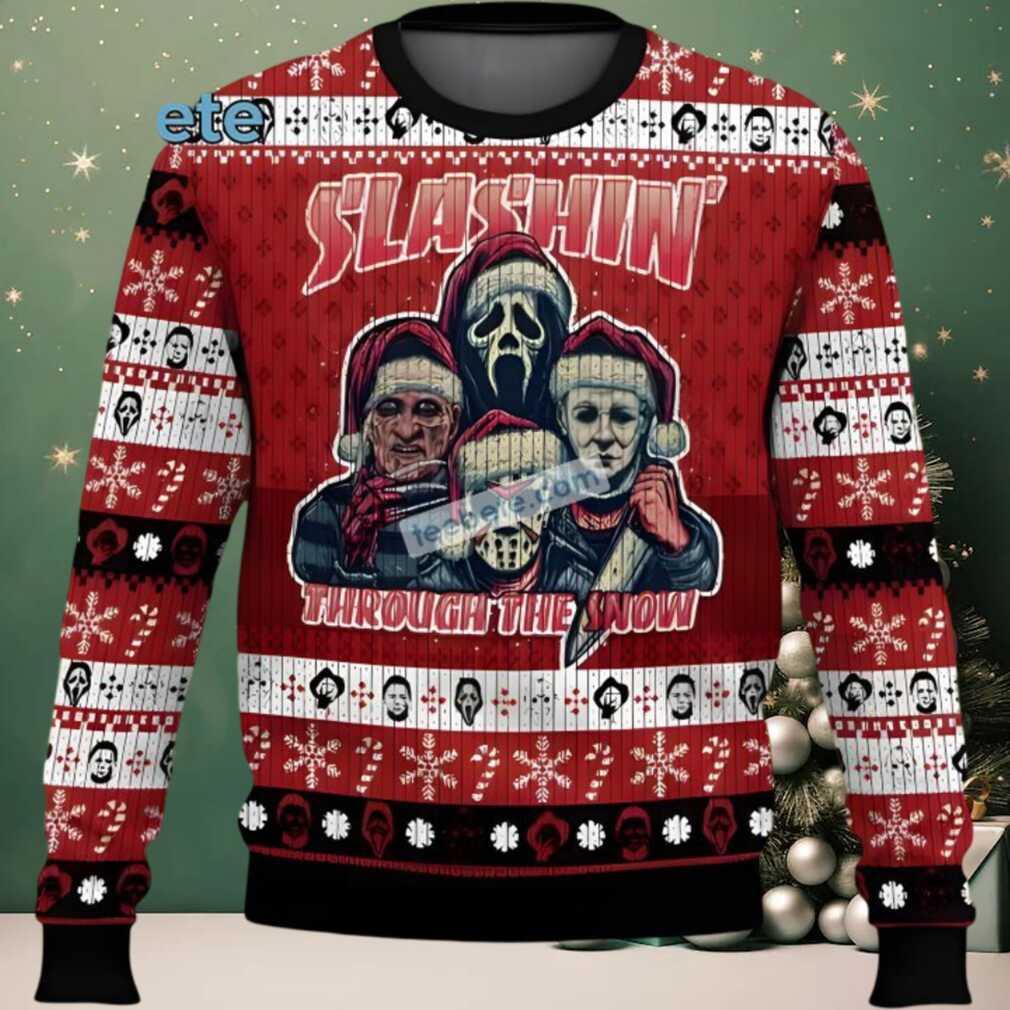Slashin Through The Snow Michael Myers Freddy Krueger Ugly Christmas Sweater Red, hoodie, sweater, long sleeve and tank top Michael Myers Freddy Krueger Ugly Christmas Sweater Red Back