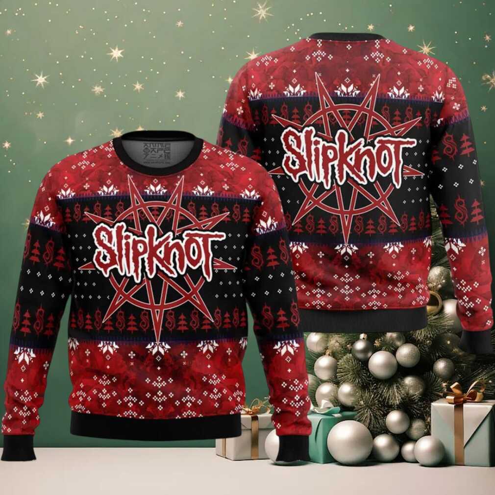 Slipknot Big Logo Night Pointed Star Tribal S Logo Pattern Knitted Black And Red Ugly Christmas Sweater Slipknot Big Logo Night Pointed Star Tribal S Logo Pattern Knitted Black And Red Ugly Christmas Sweater