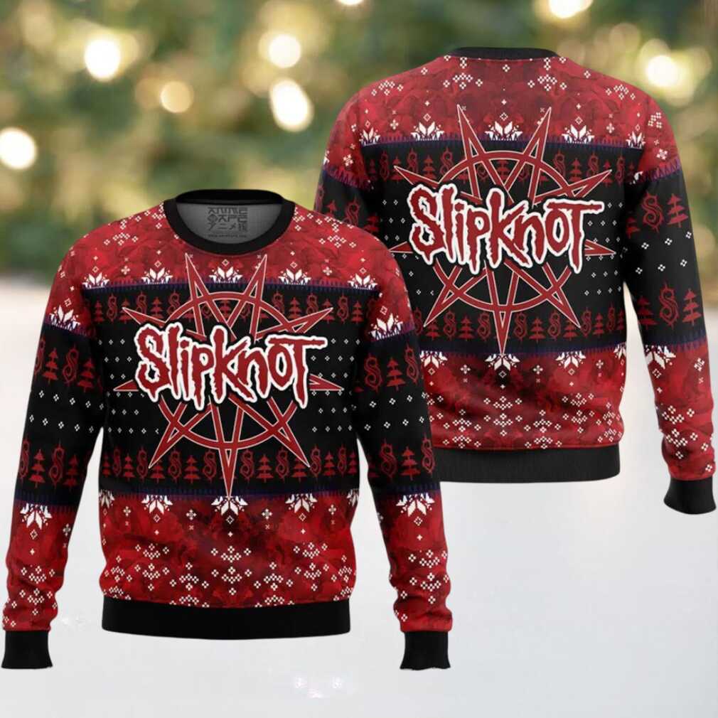 Slipknot Big Logo Night Pointed Star Tribal S Logo Pattern Knitted Black And Red Ugly Christmas Sweater Slipknot Big Logo Night Pointed Star Tribal S Logo Pattern Knitted Black And Red Ugly Christmas Sweater