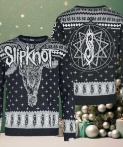 Slipknot Fucking Holidays Logo Goat Head And Tribal S Logo Blink Pattern Black And Grey Ugly Christmas Sweater