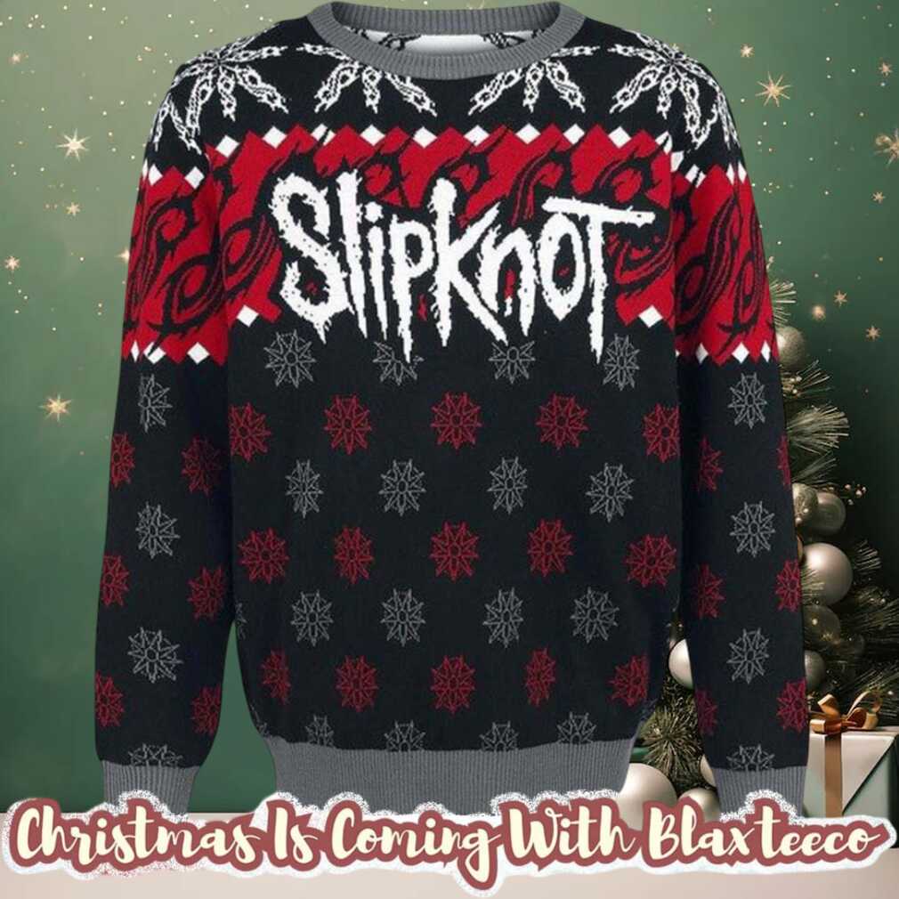 Slipknot Signature Logo With Tribal S Snowflakes Pattern Red And Grey Knitted Ugly Christmas Sweater Slipknot Signature Logo With Tribal S Snowflakes Pattern Red And Grey Knitted Ugly Christmas Sweater