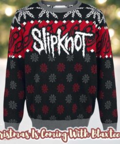 Slipknot Signature Logo With Tribal S Snowflakes Pattern Red And Grey Knitted Ugly Christmas Sweater