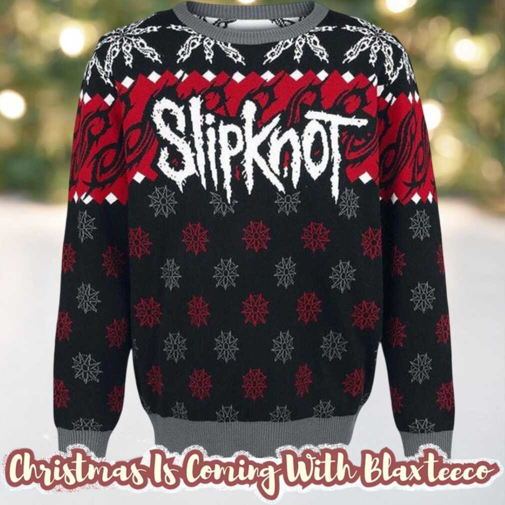 Slipknot Signature Logo With Tribal S Snowflakes Pattern Red And Grey Knitted Ugly Christmas Sweater Slipknot Signature Logo With Tribal S Snowflakes Pattern Red And Grey Knitted Ugly Christmas Sweater