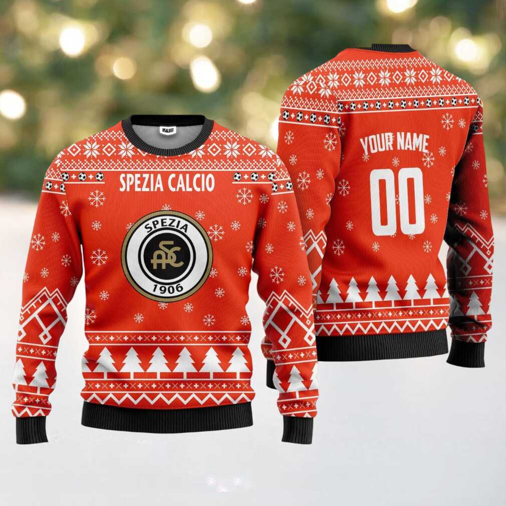Spezia Calcio Personalized Ugly Christmas Sweater Orange Version Spezia Calcio Personalized Ugly Christmas Sweater Orange Version