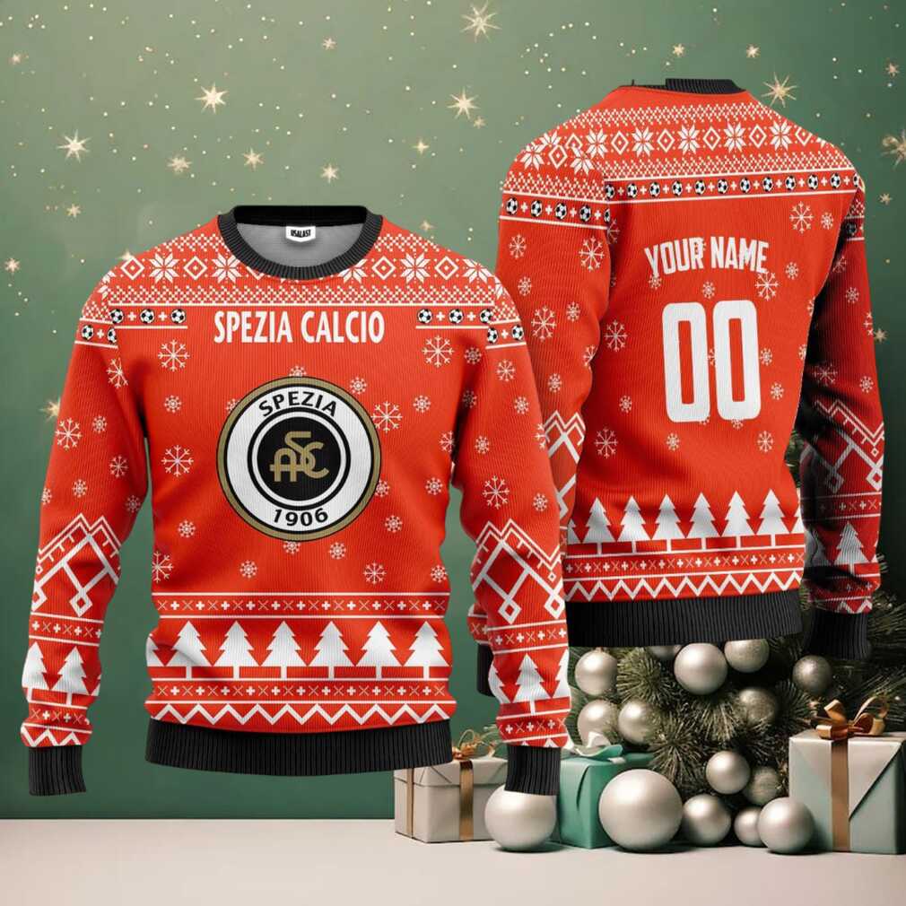 Spezia Calcio Personalized Ugly Christmas Sweater Orange Version Spezia Calcio Personalized Ugly Christmas Sweater Orange Version