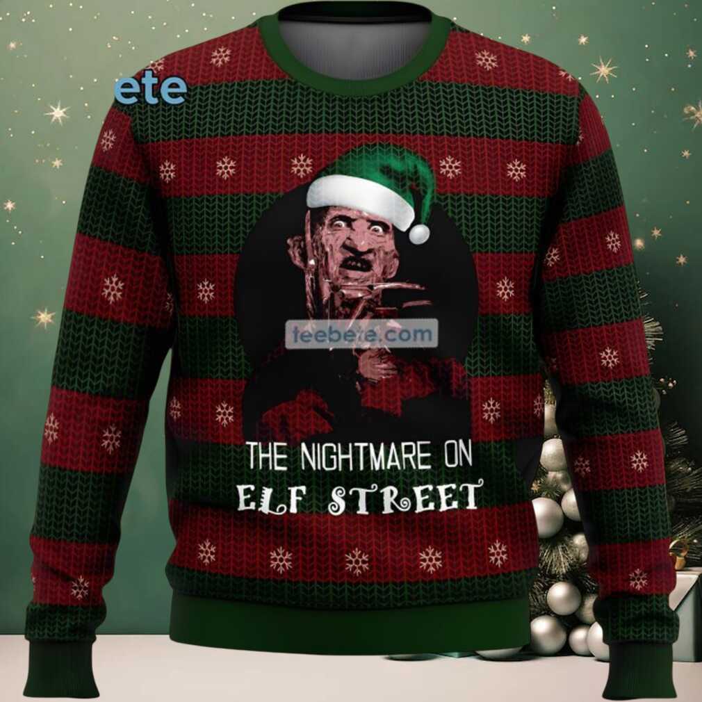 The Nightmare On Elm Street Freddy Krueger Santa Ugly Christmas Sweater Plus Size Red Green, hoodie, sweater, long sleeve and tank top Freddy Krueger Santa Ugly Christmas Sweater