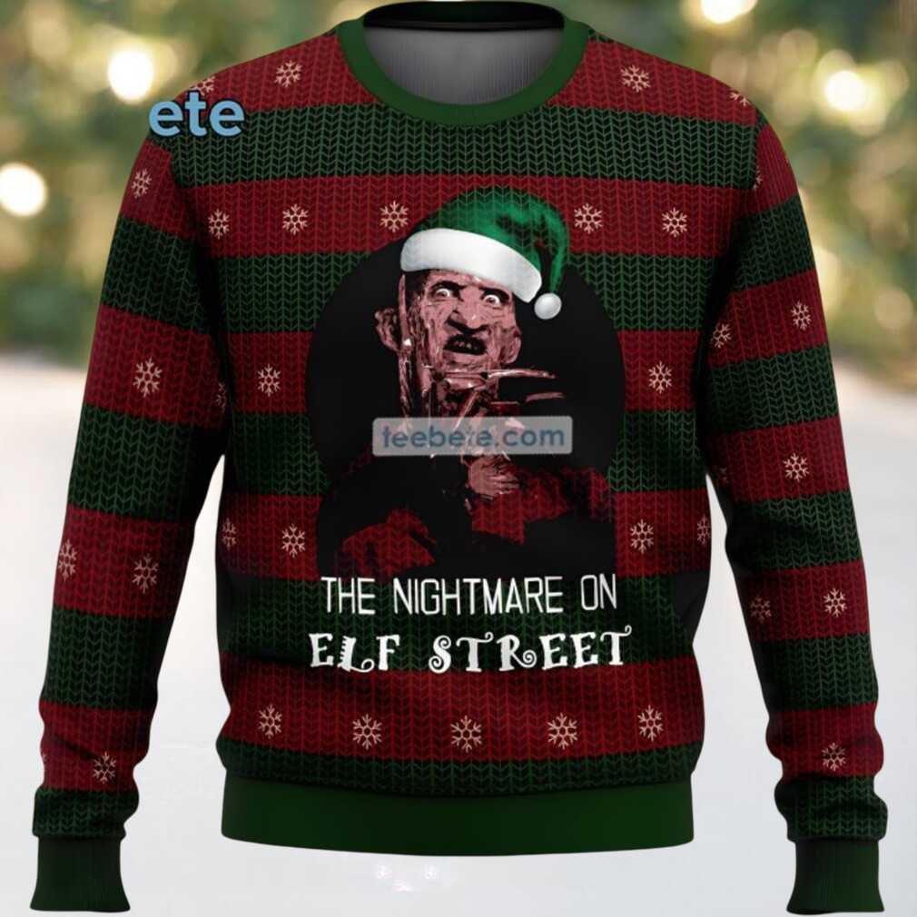 The Nightmare On Elm Street Freddy Krueger Santa Ugly Christmas Sweater Plus Size Red Green, hoodie, sweater, long sleeve and tank top Freddy Krueger Santa Ugly Christmas Sweater Back