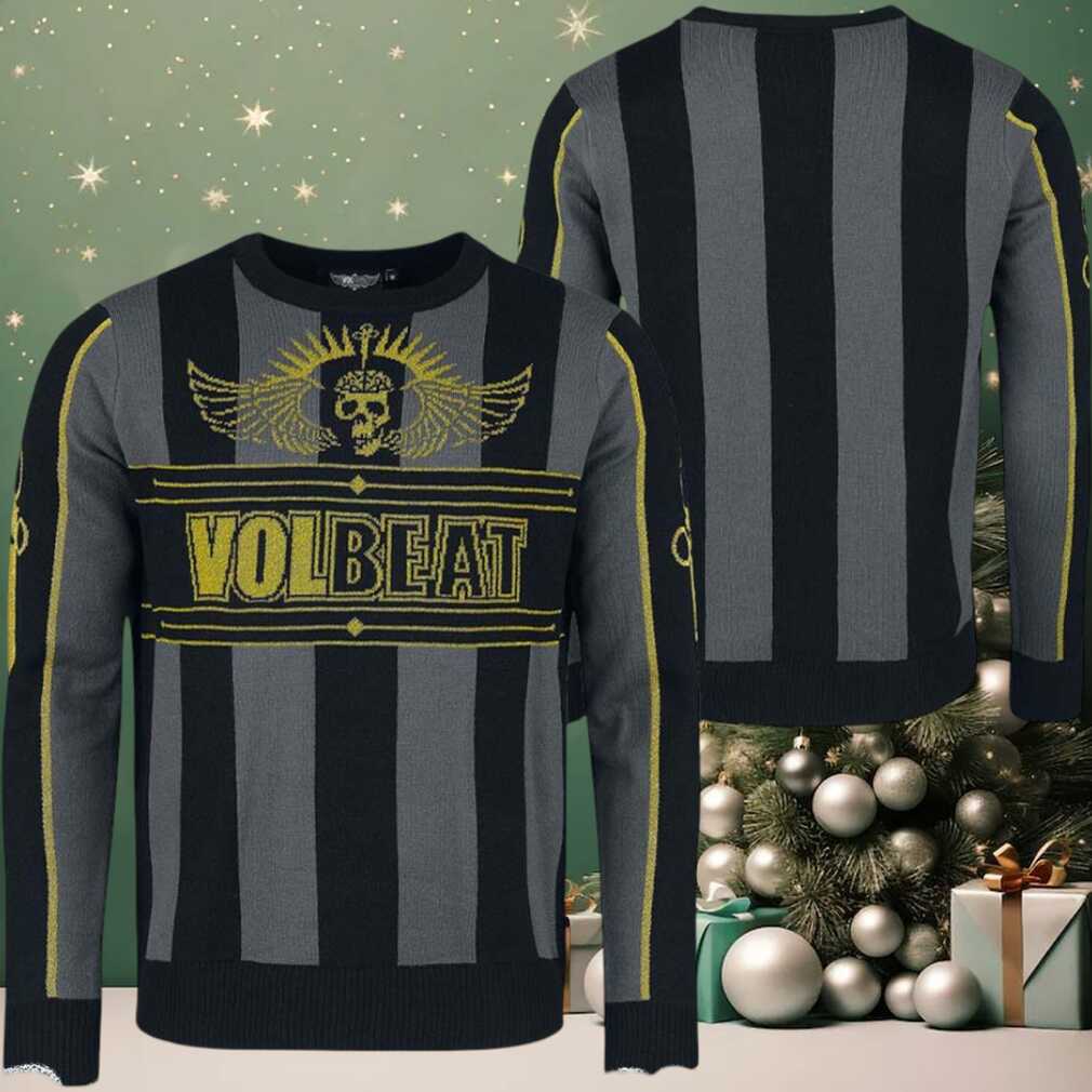 Volbeat Signature Big Logo Black And Grey Stripes Pattern Holiday Ugly Christmas Sweater Volbeat Signature Big Logo Black And Grey Stripes Pattern Holiday Ugly Christmas Sweater