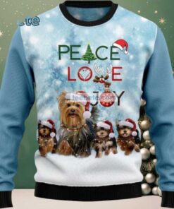 Yorkshire Terrier Dog Peace Love Joy Ugly Sweaters For Couples Blue Yorkshire Terrier Dog Peace Love Joy Ugly Sweaters For Couples Blue