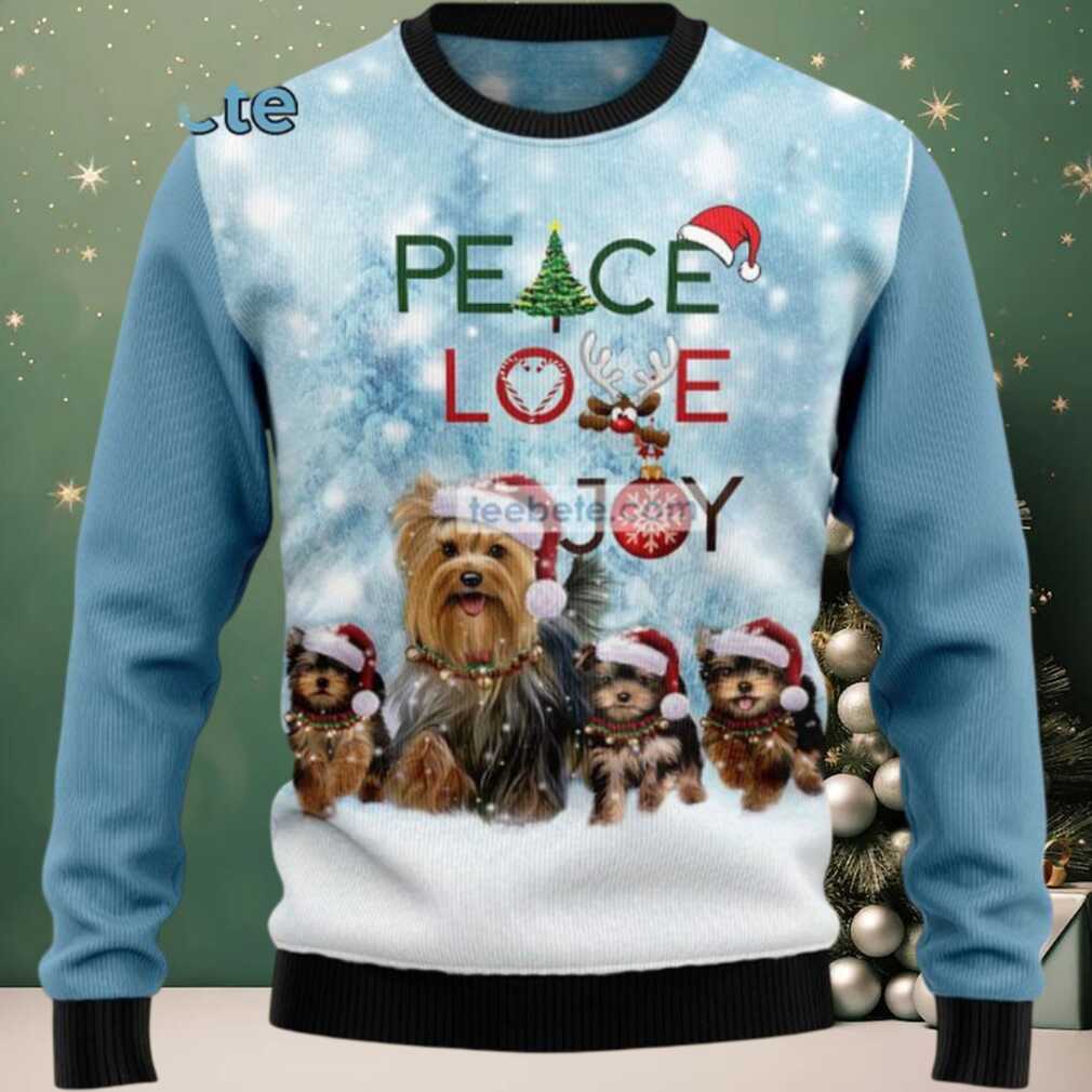 Yorkshire Terrier Dog Peace Love Joy Ugly Sweaters For Couples Blue Yorkshire Terrier Dog Peace Love Joy Ugly Sweaters For Couples Blue