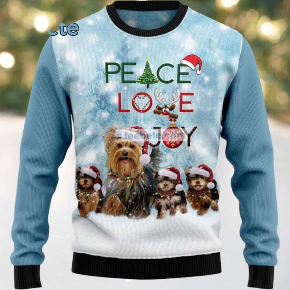 Yorkshire Terrier Dog Peace Love Joy Ugly Sweaters For Couples Blue Yorkshire Terrier Dog Peace Love Joy Ugly Sweaters For Couples Blue