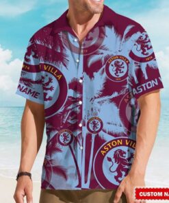 Aston Villa Hawaiian Shirt   Claret & Blue Custom Name