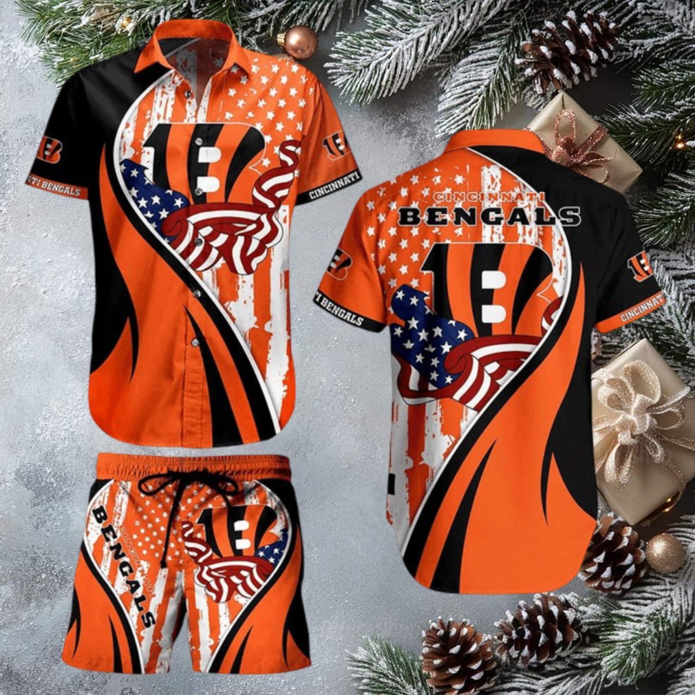 Cincinnati Bengals Patriotic Summer Aloha Shirt and Shorts Set Cincinnati Bengals Patriotic Summer Aloha Shirt and Shorts Set