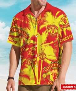 Custom Name Manchester United Hawaiian Shirt Red & Yellow Palm Print