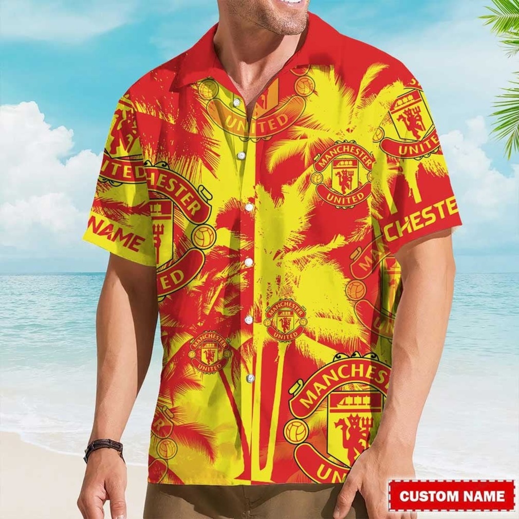 Custom Name Manchester United Hawaiian Shirt Red & Yellow Palm Print Custom Name Manchester United Hawaiian Shirt Red & Yellow Palm Print