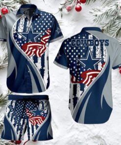Dallas Cowboys American Flag & Logo Hawaiian Button Up Shirt & Beach Shorts Dallas Cowboys American Flag & Logo Hawaiian Button Up Shirt & Beach Shorts