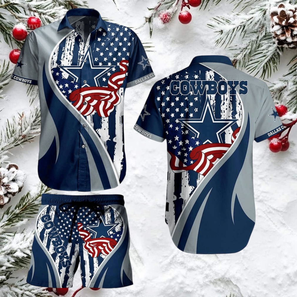 Dallas Cowboys American Flag & Logo Hawaiian Button Up Shirt & Beach Shorts Dallas Cowboys American Flag & Logo Hawaiian Button Up Shirt & Beach Shorts
