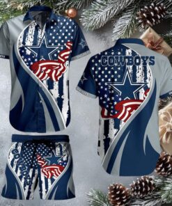 Dallas Cowboys American Flag & Logo Hawaiian Button Up Shirt & Beach Shorts