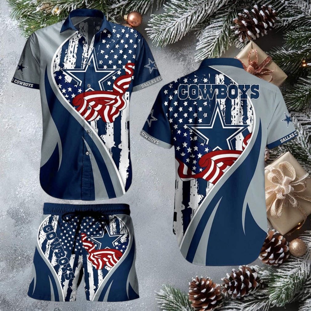 Dallas Cowboys American Flag & Logo Hawaiian Button Up Shirt & Beach Shorts Dallas Cowboys American Flag & Logo Hawaiian Button Up Shirt & Beach Shorts