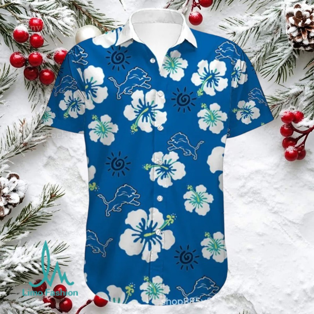 Detroit Lions Hibiscus Hawaiian Shirt Blue and White NFL Tropical Apparel Detroit Lions Hibiscus Hawaiian Shirt Blue and White NFL Tropical Apparel
