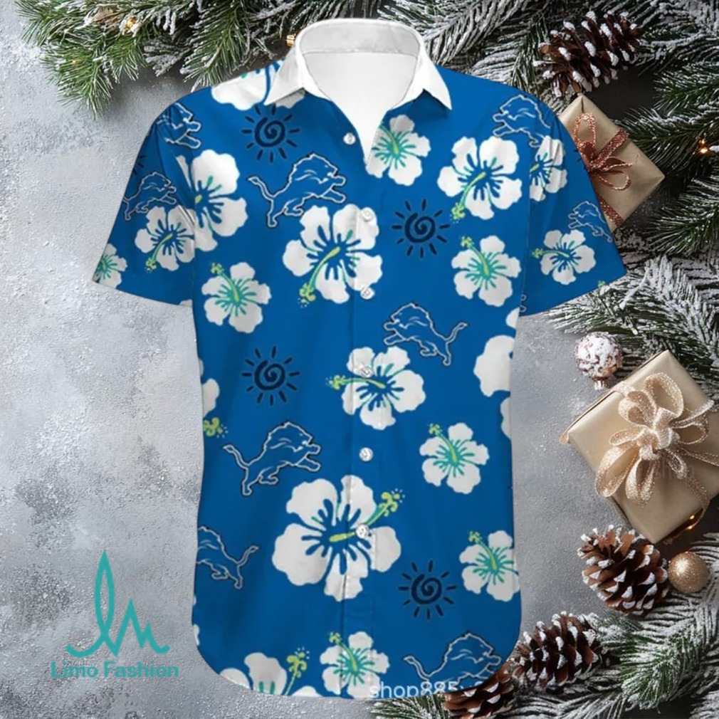Detroit Lions Hibiscus Hawaiian Shirt Blue and White NFL Tropical Apparel Detroit Lions Hibiscus Hawaiian Shirt Blue and White NFL Tropical Apparel