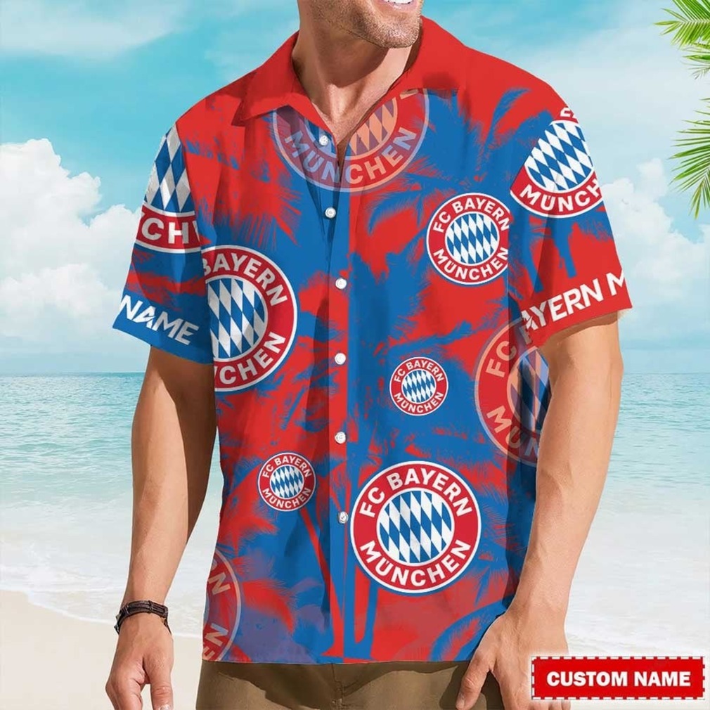 FC Bayern Munich Custom Name Hawaiian Shirt Red & Blue Tropical Print FC Bayern Munich Custom Name Hawaiian Shirt Red & Blue Tropical Print