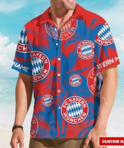 FC Bayern Munich Custom Name Hawaiian Shirt   Red & Blue Tropical Print