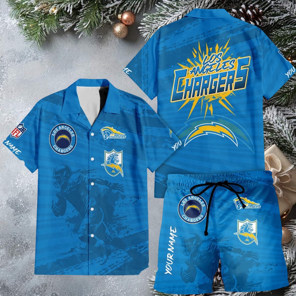 Los Angeles Chargers Bolt Beach Hawaiian Shirt and Swim Trunks Los Angeles Chargers Bolt Beach Hawaiian Shirt and Swim Trunks