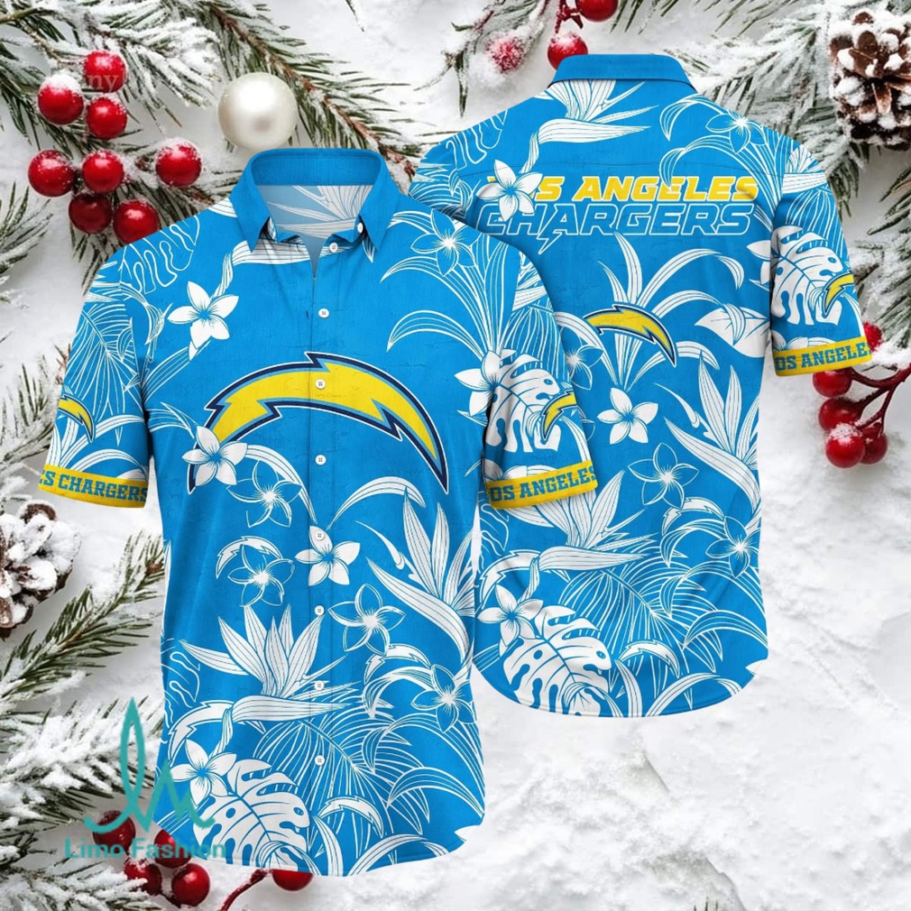 Los Angeles Chargers NFL Hawaiian Shirt Blue & White Tropical Floral Aloha Los Angeles Chargers NFL Hawaiian Shirt Blue & White Tropical Floral Aloha