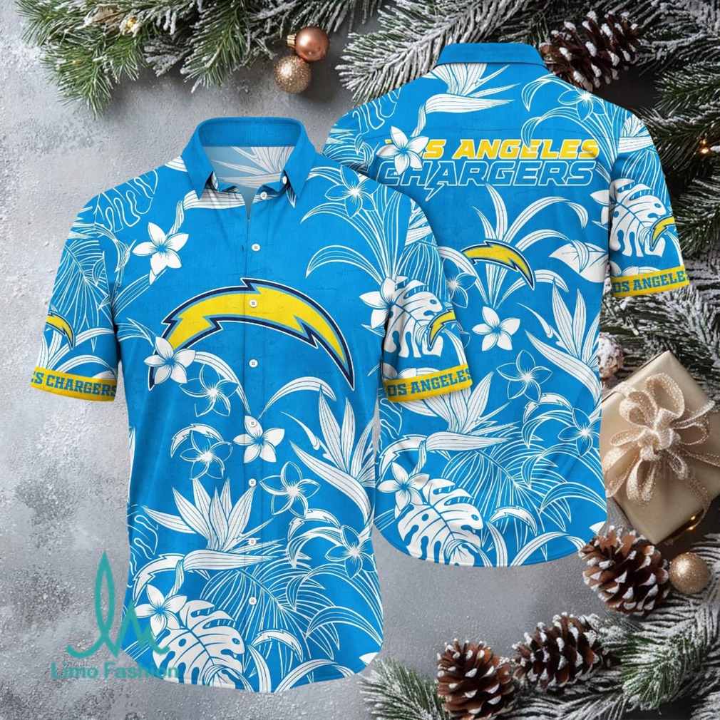 Los Angeles Chargers NFL Hawaiian Shirt Blue & White Tropical Floral Aloha Los Angeles Chargers NFL Hawaiian Shirt Blue & White Tropical Floral Aloha