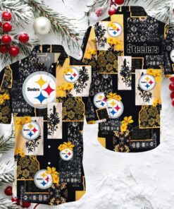 Men’s Black & Tan Pittsburgh Steelers Tiki Floral Button Up Woven Hawaiian Shirt