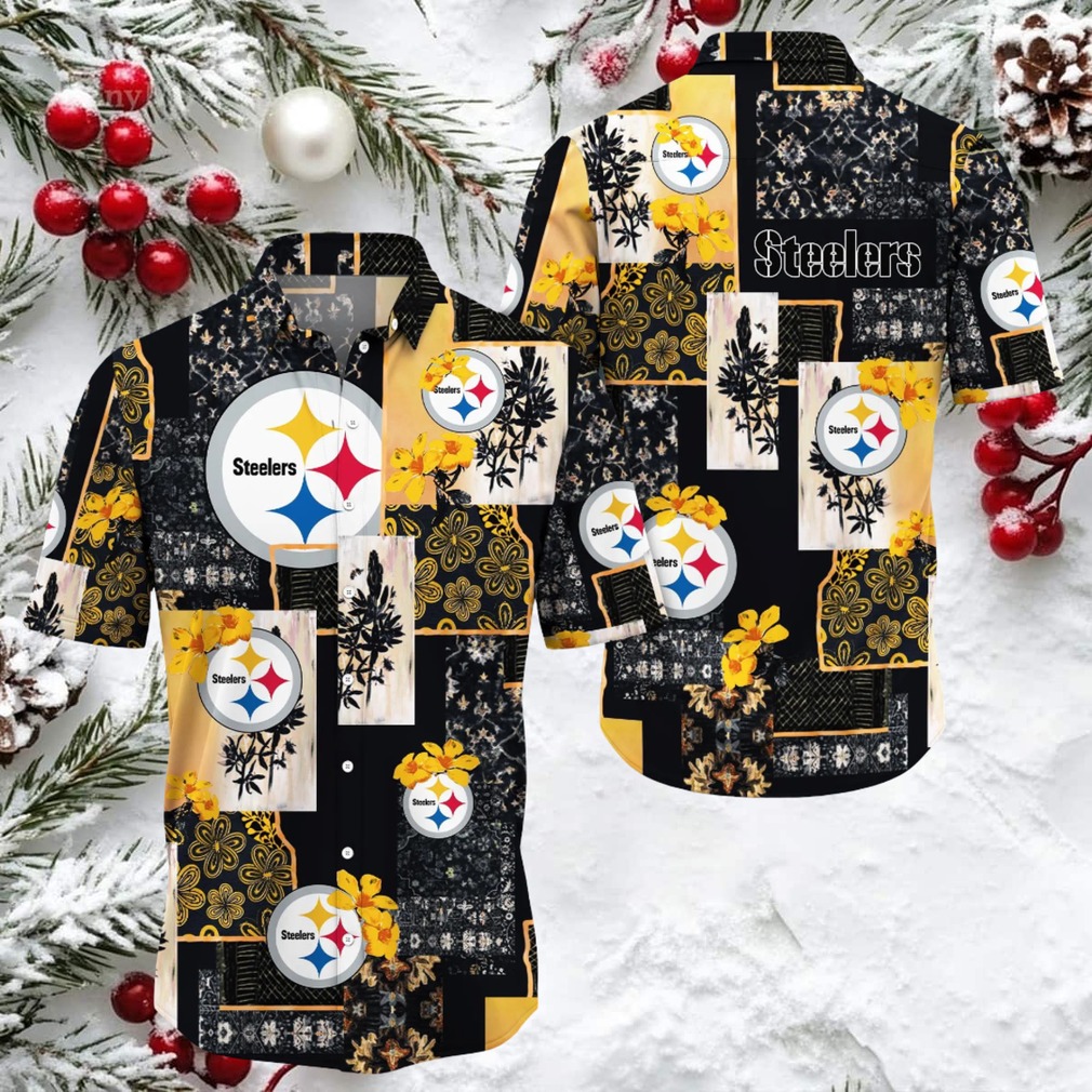 Men’s Black & Tan Pittsburgh Steelers Tiki Floral Button Up Woven Hawaiian Shirt Men’s Black & Tan Pittsburgh Steelers Tiki Floral Button Up Woven Hawaiian Shirt