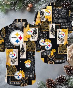 Men’s Black & Tan Pittsburgh Steelers Tiki Floral Button Up Woven Hawaiian Shirt