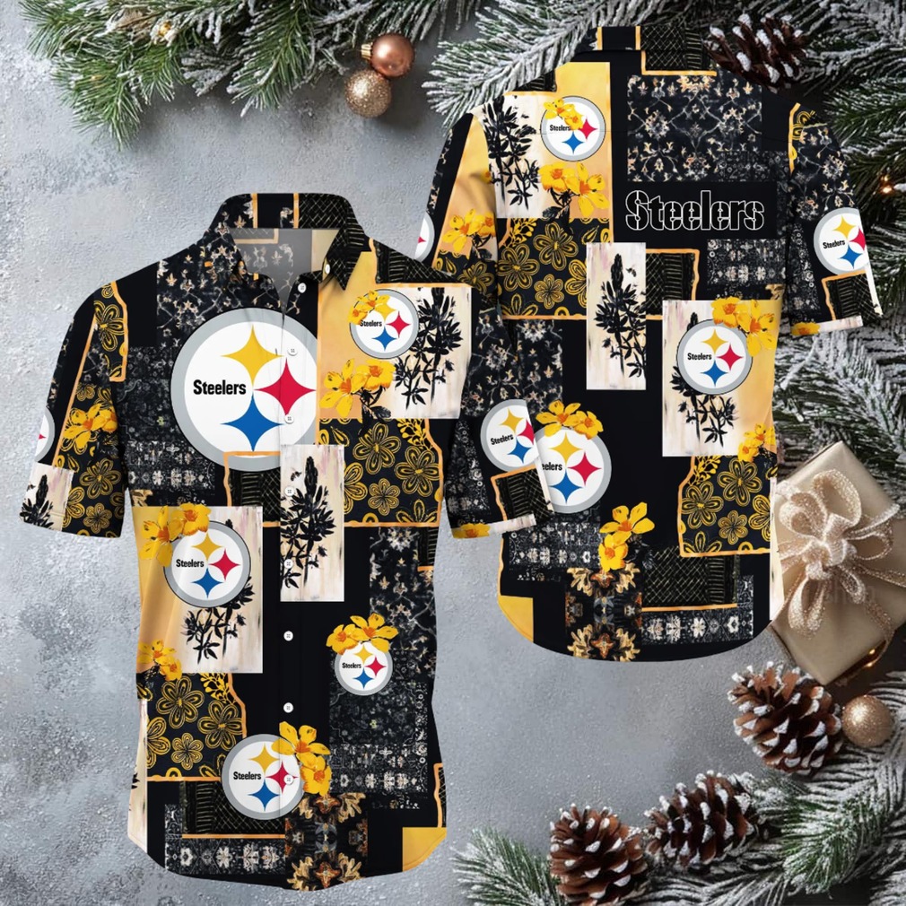 Men’s Black & Tan Pittsburgh Steelers Tiki Floral Button Up Woven Hawaiian Shirt Men’s Black & Tan Pittsburgh Steelers Tiki Floral Button Up Woven Hawaiian Shirt