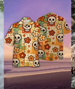 Retro Sugar Skull & Flower Print Beach Shirt