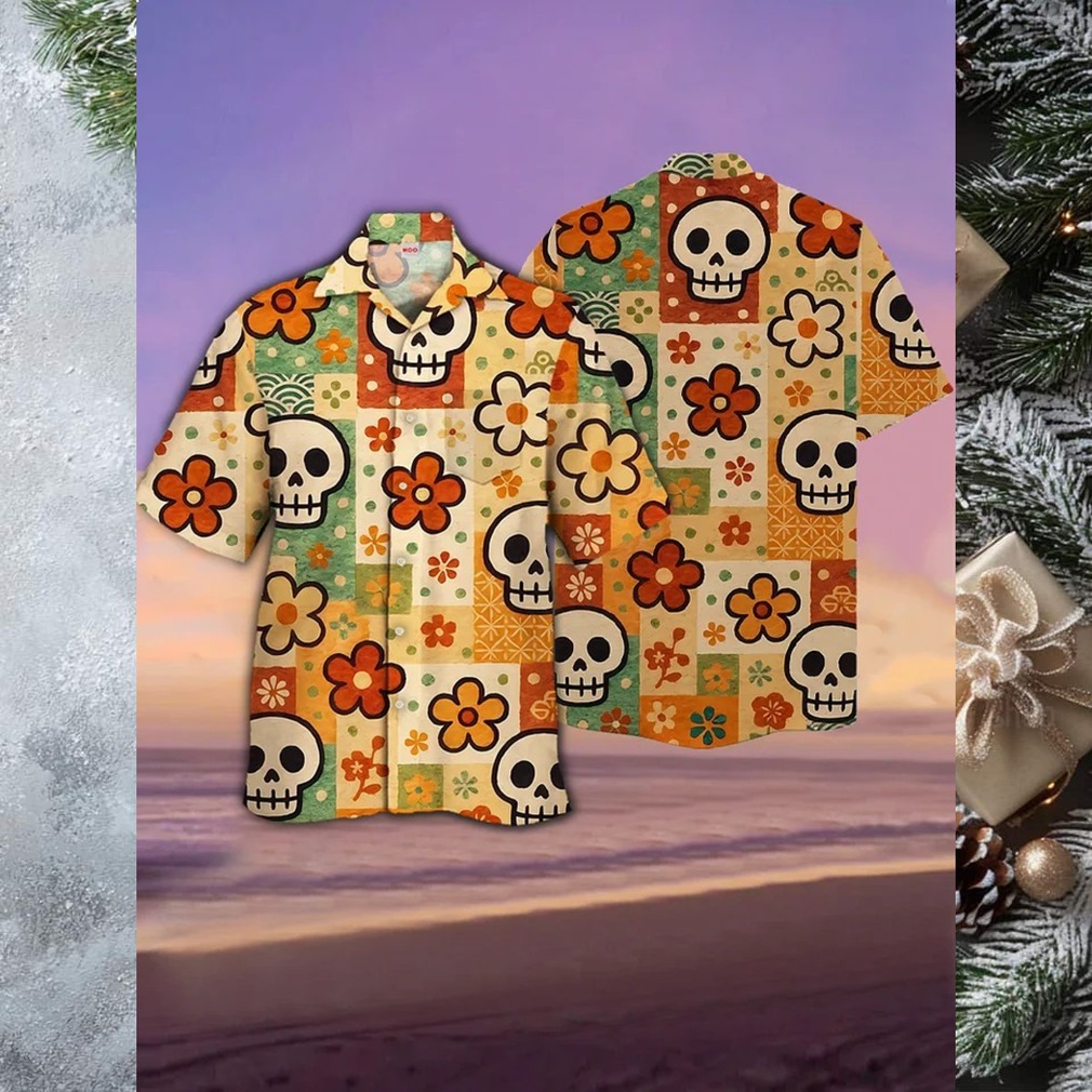 Retro Sugar Skull & Flower Print Beach Shirt Retro Sugar Skull & Flower Print Beach Shirt