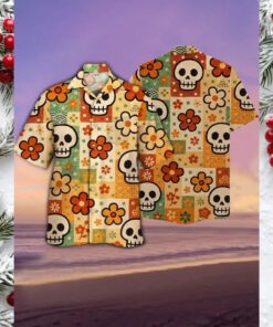 Retro Sugar Skull & Flower Print Beach Shirt