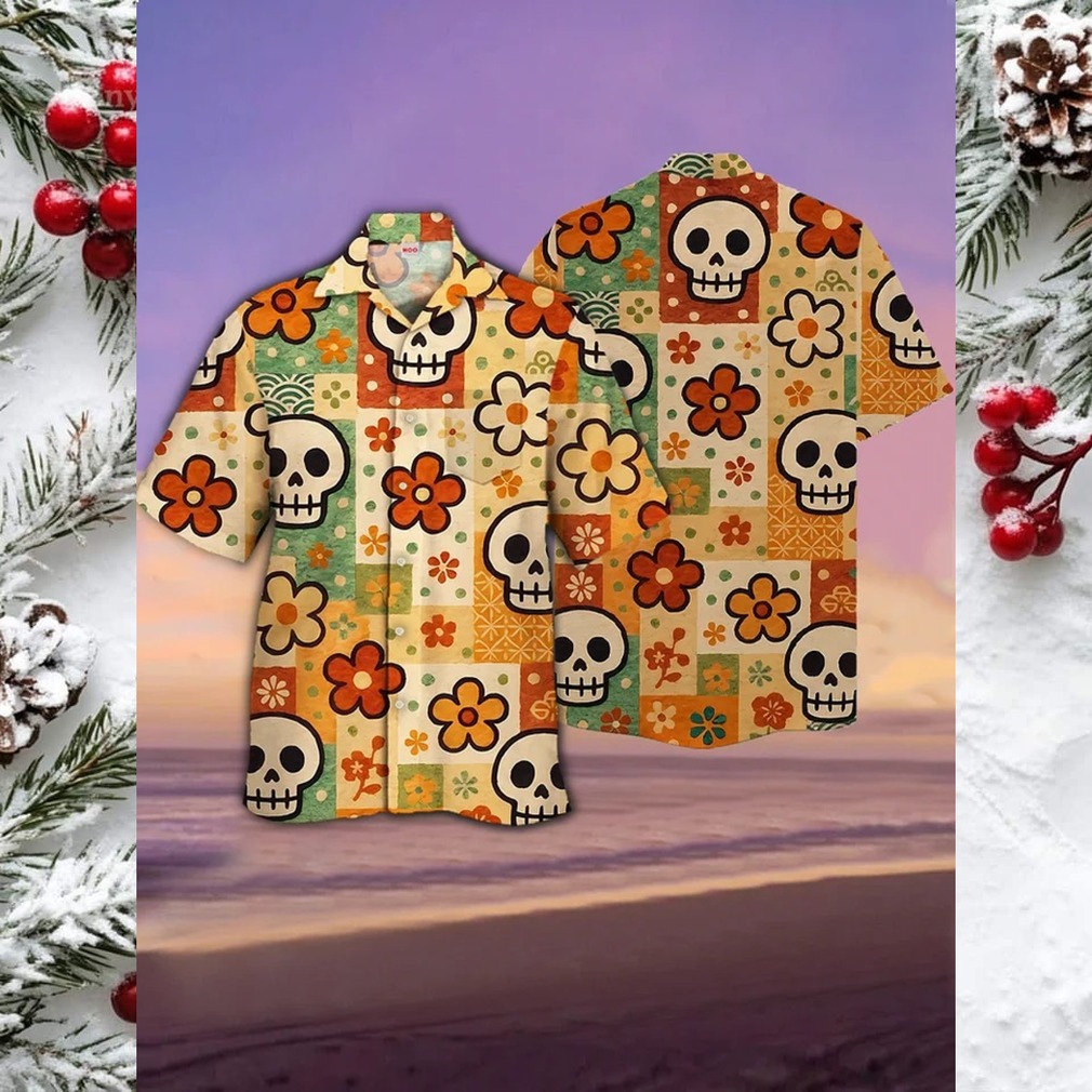 Retro Sugar Skull & Flower Print Beach Shirt Retro Sugar Skull & Flower Print Beach Shirt