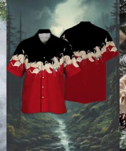 Soaring Cranes Red and Black Hawaiian Shirt