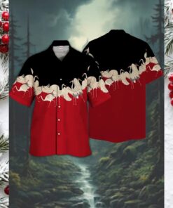 Soaring Cranes Red and Black Hawaiian Shirt